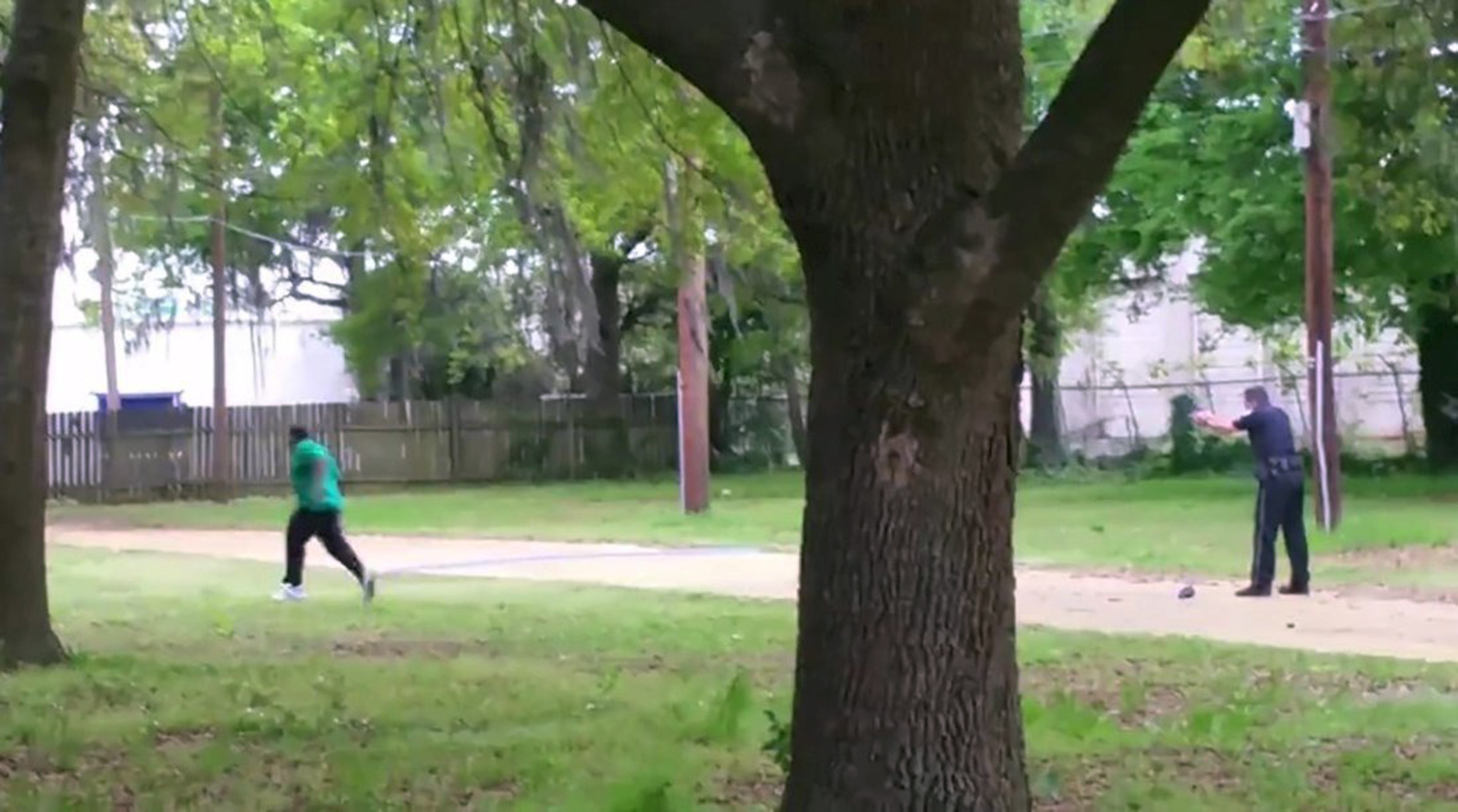 North Charleston police officer Michael Slager is seen allegedly shooting 50-year-old Walter Scott in the back as he runs away, in this still image from video in North Charleston, South Carolina taken April 4, 2015.