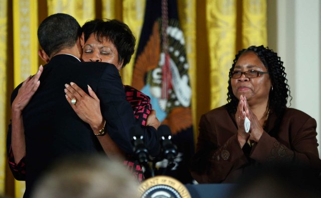 President Barack Obama hugs James Byrd Jr.'s sister, Louvon Harris during a White House reception commemorating the enactment of the Matthew Shepard and James Byrd Jr. Hate Crimes Prevention Act, in Washington on Oct. 28, 2009.