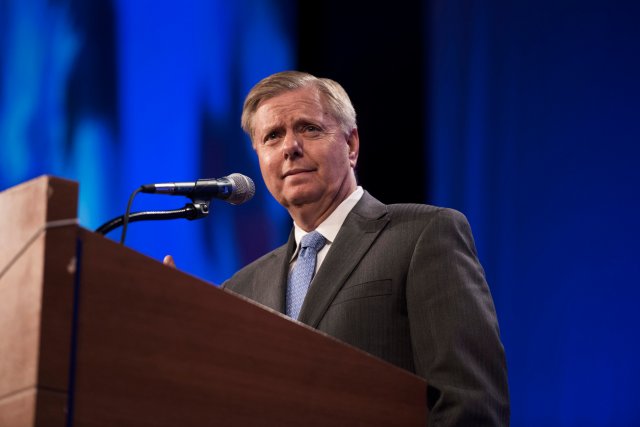 Senator Lindsey Graham, a Republican from South Carolina, speaks during the Republican Party of Iowa's Lincoln Dinner in Des Moines, Iowa