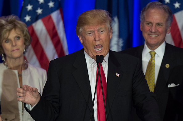 Republican presidential candidate Donald Trump celebrates victory in the South Carolina primary on February 20, 2016 in Spartanburg, South Carolina.