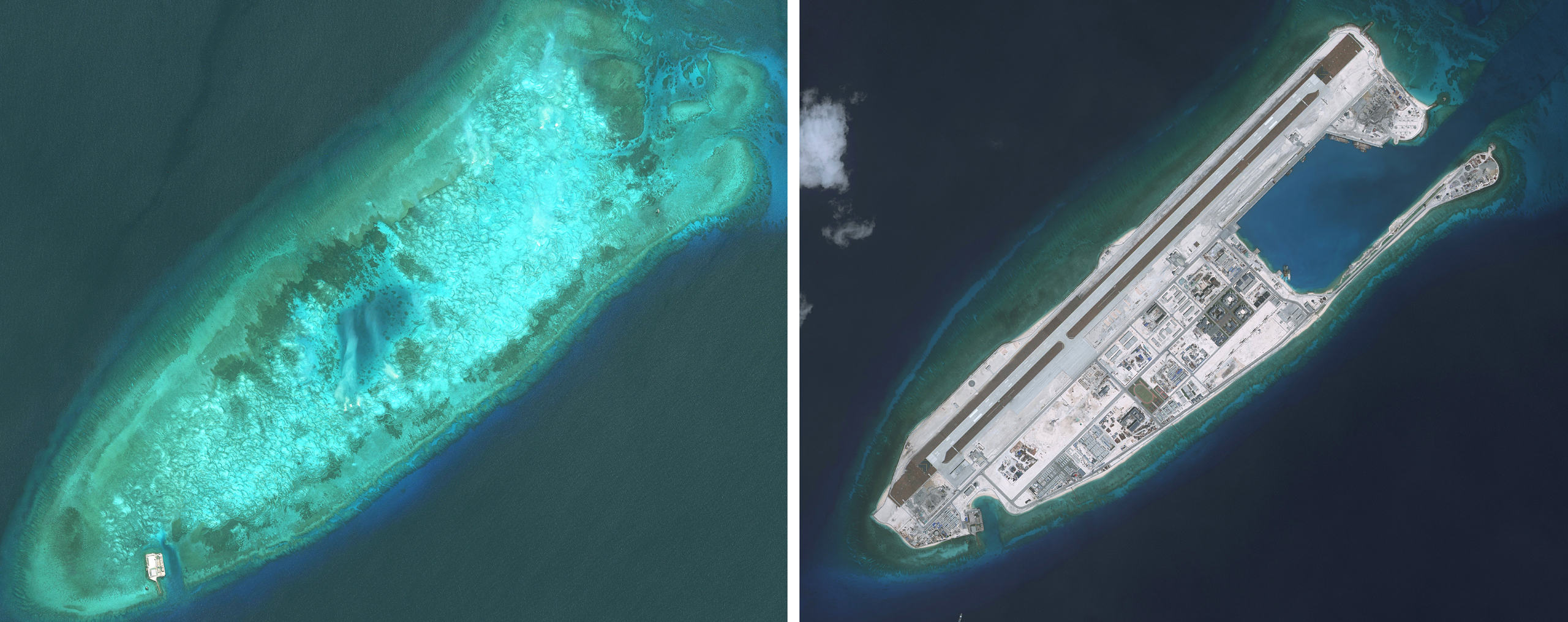 DigitalGlobe imagery, before construction began, of the the Fiery Cross Reef located in the South China Sea.  Photo DigitalGlobe via Getty Images.