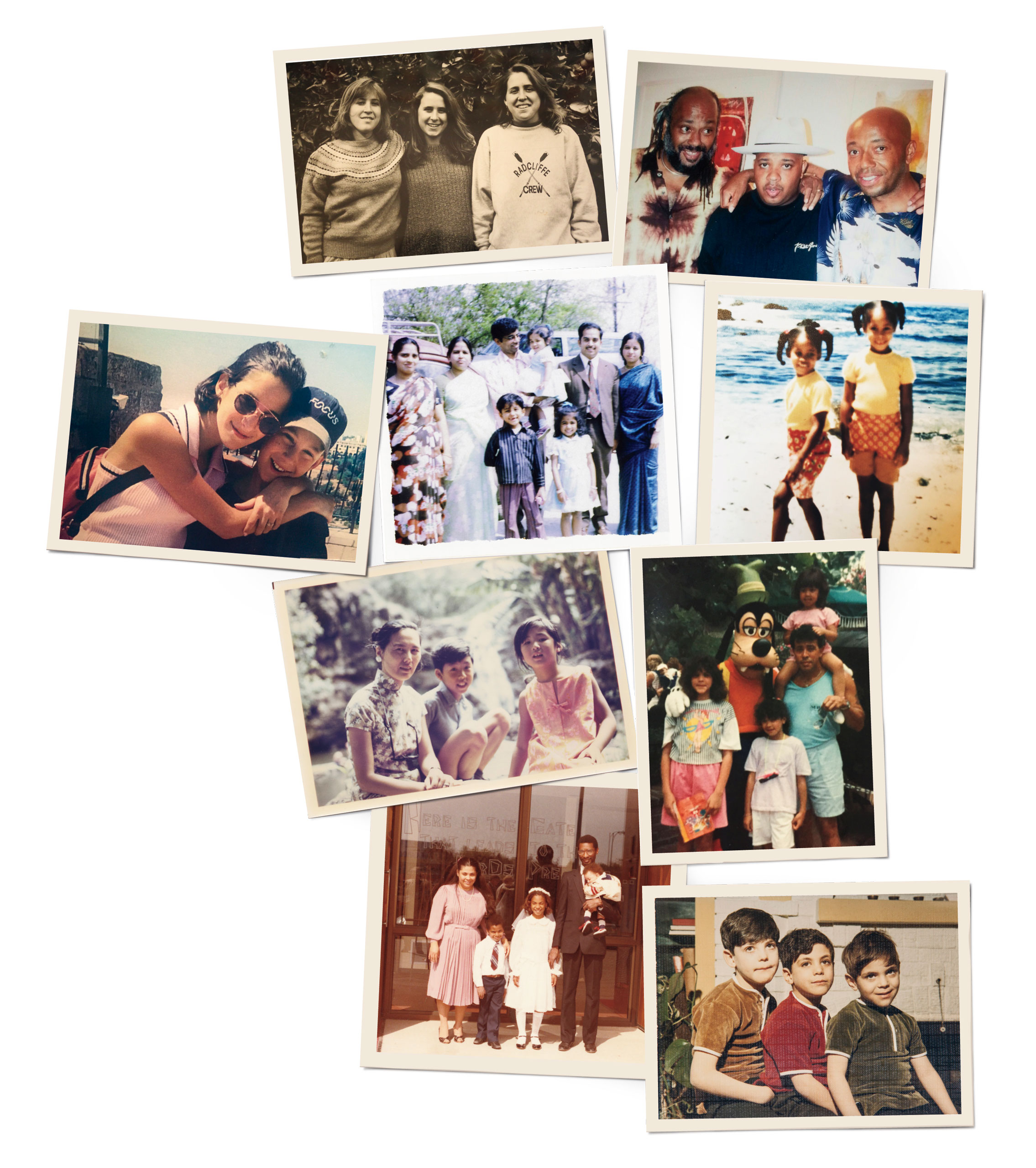 From left to right, top to bottom: 1. Wojcicki: Janet, Anne and Susan 2. Simmons: Danny, Joseph (Rev Run) and Russell 3. Antonoff: Rachel and Jack 4. Srinivasan: Sri, Srija and Srinija (pictured with their parents and other family members) 5. Dungey: Merrin and Channing 6. Lin: Tan and Maya (with their mother) 7. Rodriguez: Ivelisse, Rebecca and Gina (with their father) 8. Gay: Joel, Roxane and Michael Jr. (with their parents) 9. Emanuel: Zeke, Rahm and Ari