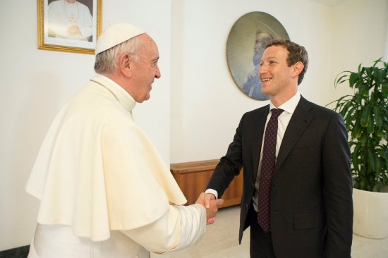 Pope Francis shakes hands with Facebook CEO Mark Zuckerberg during a meeting at the Vatican on Aug. 29, 2016.