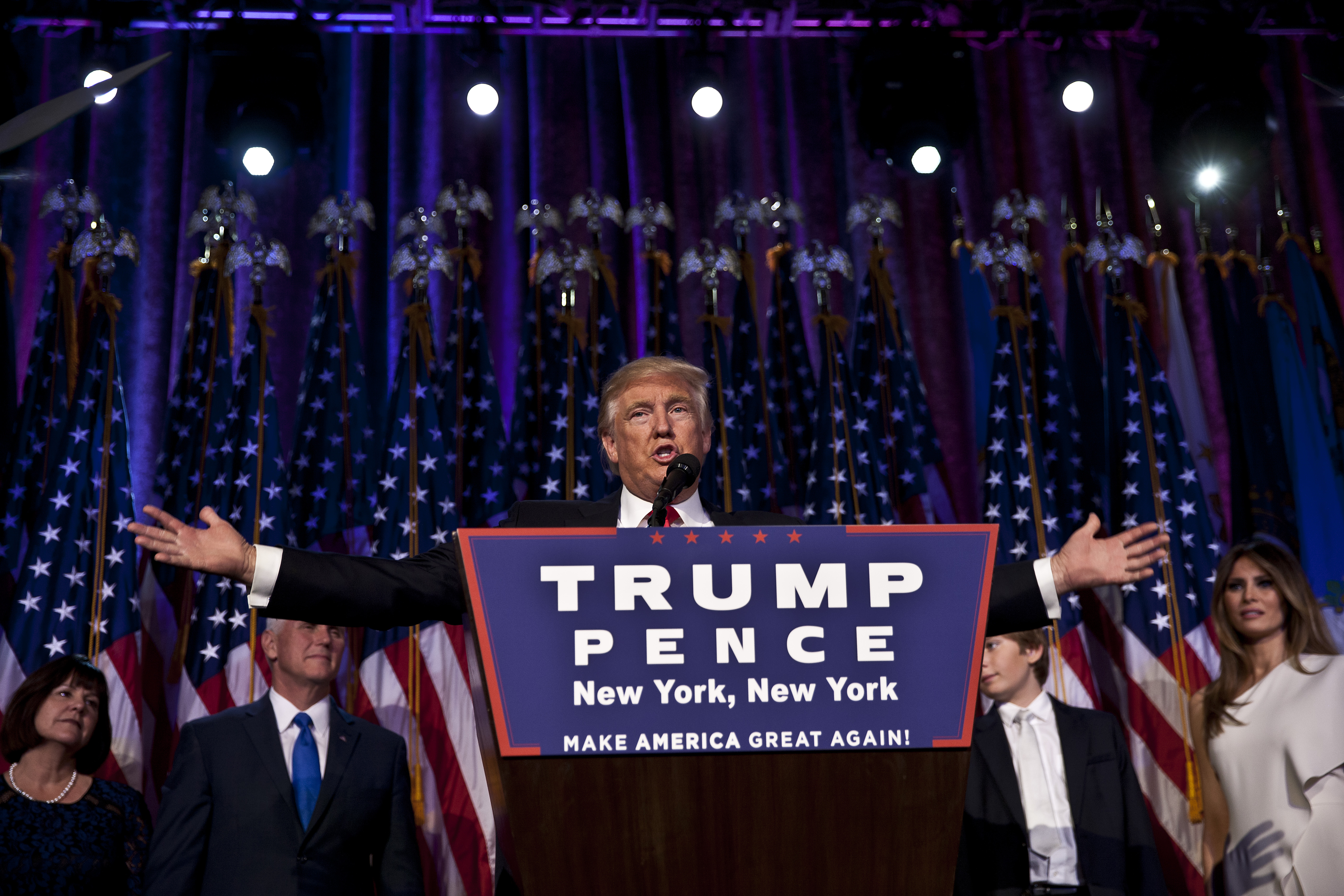 President-elect Donald Trump addresses his Victory Night party on Tuesday, Nov. 8, 2016 in New York's Manhattan borough. Trump defeated Democratic nominee Hillary Clinton in the contest for president of the United States.