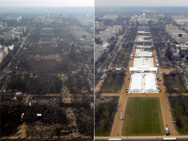 In the battle to replace the Affordable Care Act, Vice President Mike Pence joined the Freedom Caucus for a visit and posted this photo on Twitter which was attacked for the absence of women at the meeting A photo released by the National Parks Service, right, of President Trump’s inauguration was compared to a photo from 2009 of President Obama’s first inauguration on the Mall in Washington caused a controversy when the president contested the crowd size.