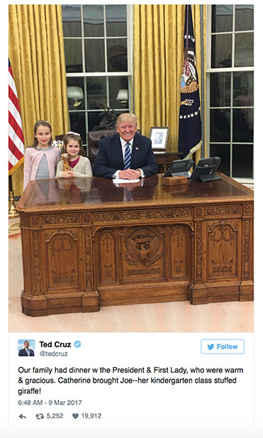 Senator Ted Cruz tweets a photo of his daughters with President Donald Trump in the oval office on March 9, 2017.