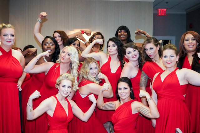 2017. Washington DC.  USA. Contestants flex before the 2017 Ms. Veteran America pageant in Washington DC.  Ms. Veteran America is a pageant for active duty and retired female members of the armed forces.  Part beauty pageant, part talent competition, part test of strength and commitment, the event raises funds for Final Salute, an organization providing housing and support for homeless women veterans and their children.  Some of the participants danced and some sang, but many gave testimonials of sexual assault, PTSD and homelessness. Lindsay Gutierrez won the 2017 competition.  The keynote speaker was the original "Daisy Duke", Catherine Bach.