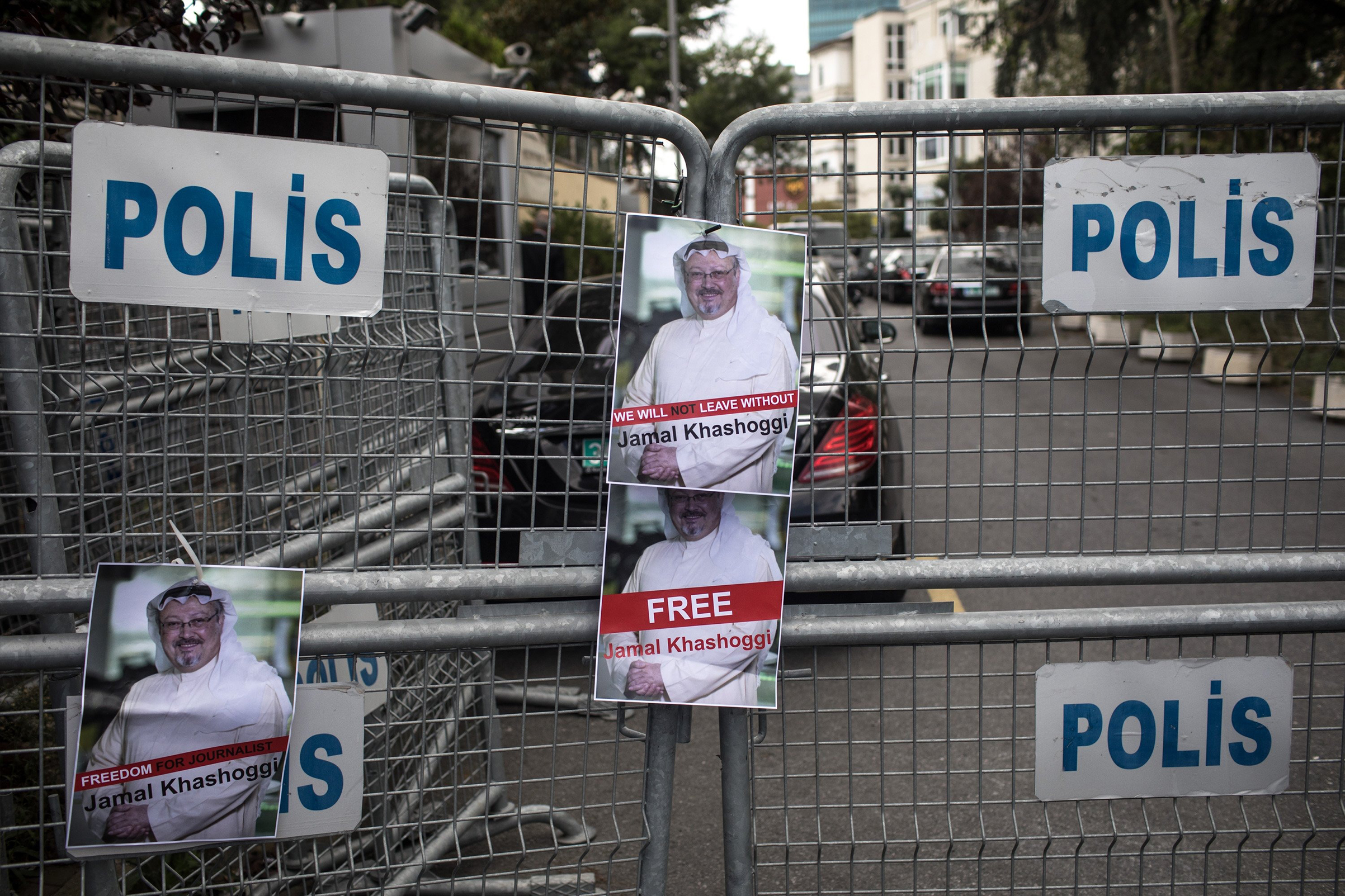Posters of Khashoggi on a police barricade in front of Saudi Arabia’s consulate in Istanbul on Oct. 8