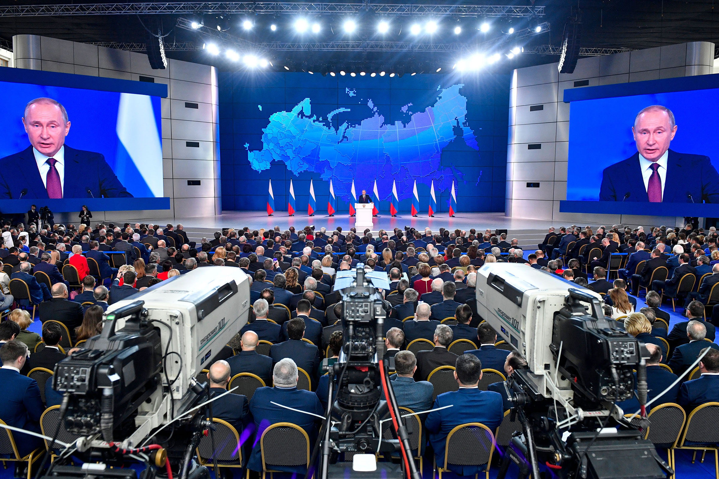 Russian President Vladimir Putin gives his state of the nation address in Moscow on Feb. 20