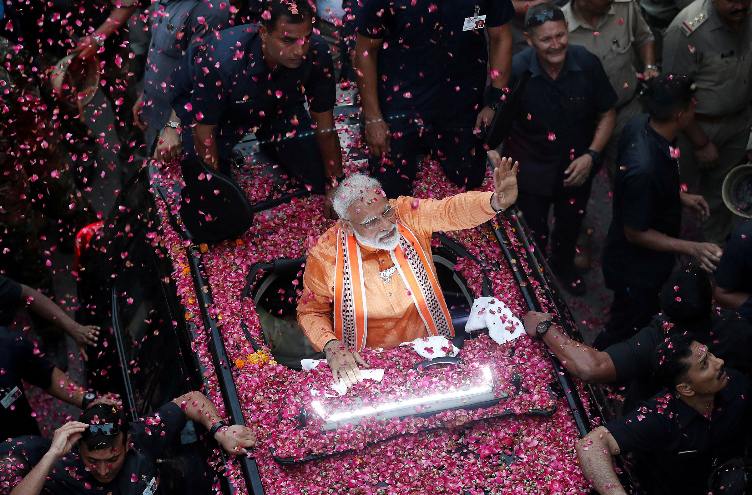 Modi during a road show in Varanasi, in the northern state of Uttar Pradesh, on April 25