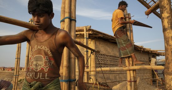 Construction on a school in Kutupalong camp in Cox’s Bazar, the largest refugee settlement on the globe.