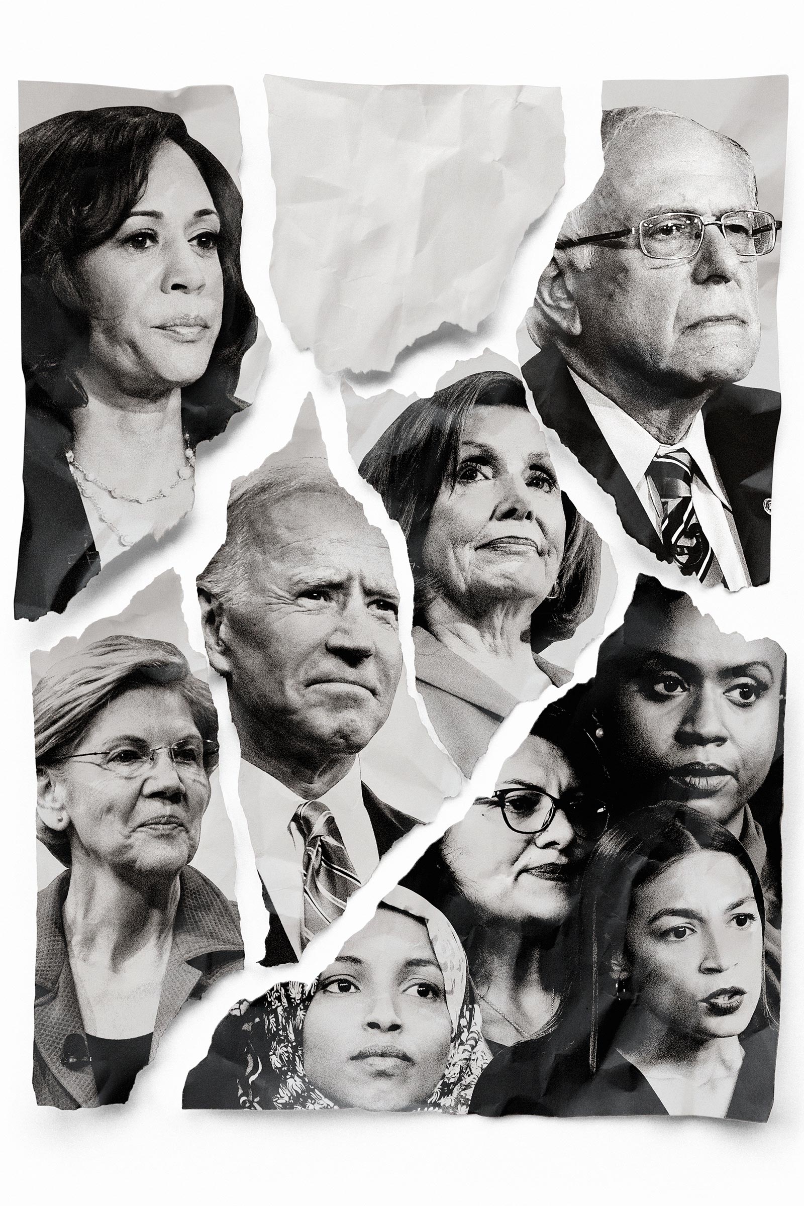 Clockwise from top left: Kamala Harris, Bernie Sanders, Ayanna Pressley, Alexandria Ocasio-Cortez, Rashida Tlaib, Ilhan Omar, Elizabeth Warren, Joe Biden, Nancy Pelosi.