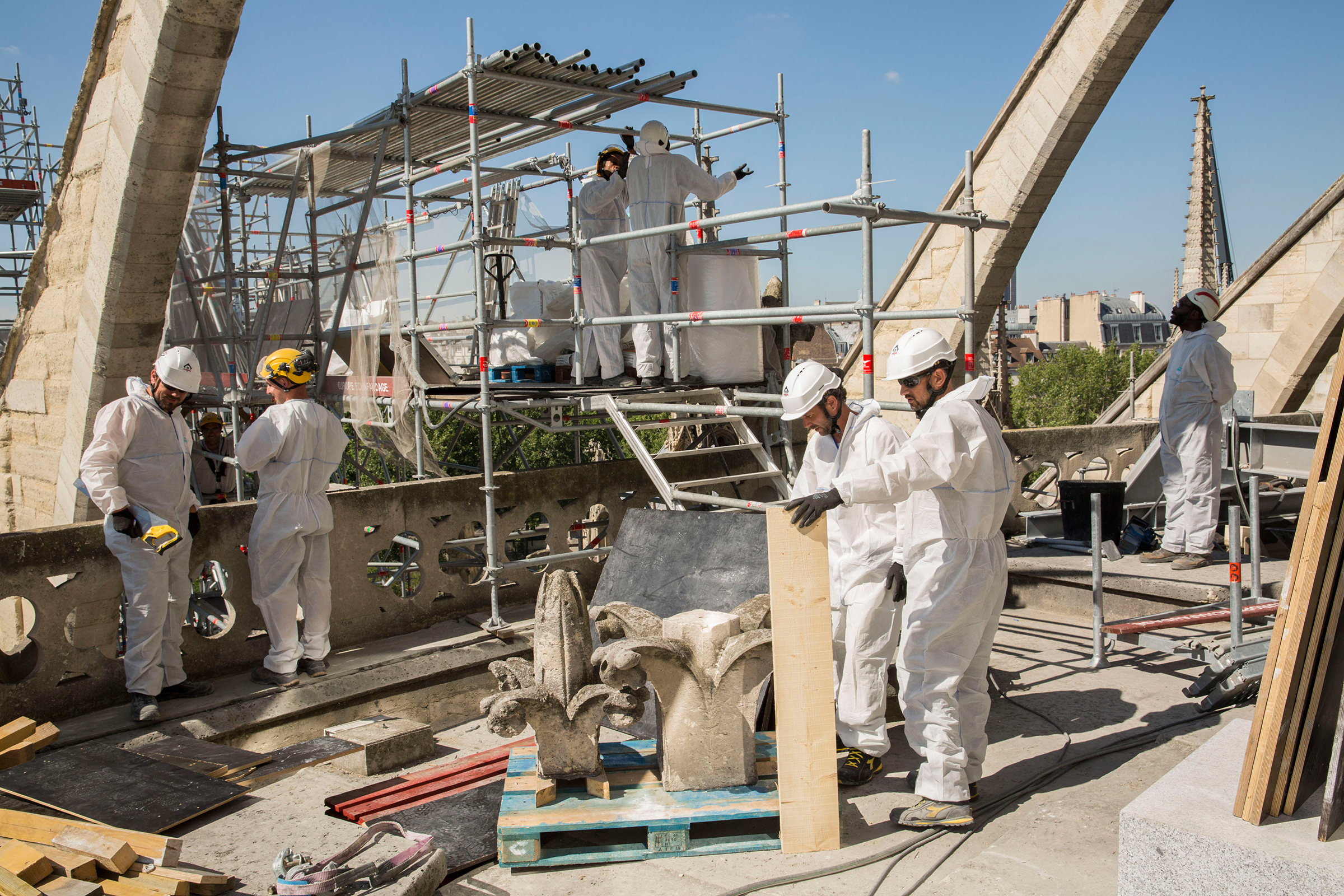 Florets are removed from Notre DameÕs pinnacles, so a wooden arch can be installed to support a flying buttress, on JulyÊ2, 2019.