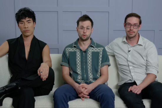 The Try Guys sitting on a couch looking at the camera