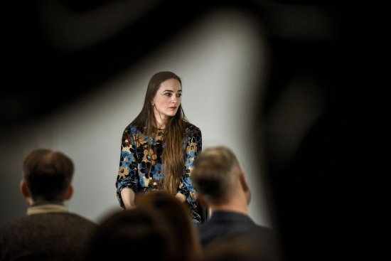 Oleksandra Matviichuk, the head of the Ukrainian human rights organization Center for Civil Liberties, and one of the recipients of the 2022 Nobel Peace Prize, addresses the audience in Kyiv, Ukraine, March 21, 2023.