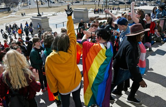 High school students rally at the Minnesota State Capitol in St. Paul, Minn., urging lawmakers to protect LGBTQ Minnesotans and youth from the effects of conversion therapy, on March 21, 2019.