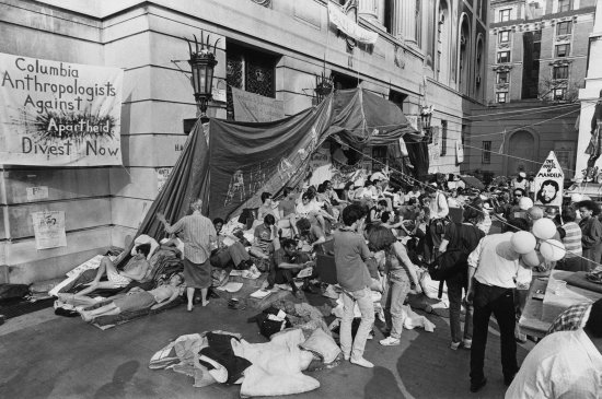 Columbia University students protest against apartheid in front of Hamilton Hall. in New York City, on April 4, 1984, calling for divestment from South Africa.