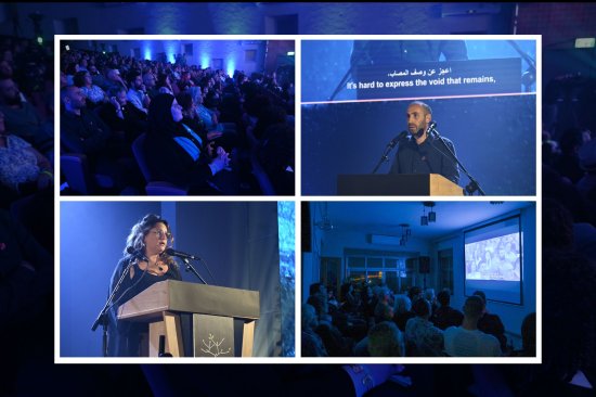 Clockwise from top left: Israelis attend the taping of the joint Palestinian-Israeli memorial day ceremony; Jonathan Zeigen speaks during the ceremony; Palestinians in Beit Jalla watch the taped version of the ceremony; Michal Halev speaks during the cremony