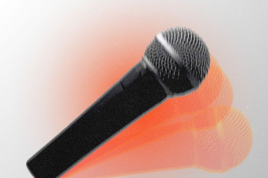 A microphone dropping onto a gray background with like orange reflections of the microphone to show that it is moving