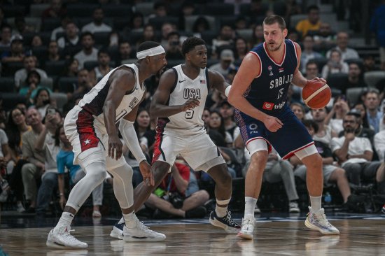 Nikola Jokic of Serbia in action during the exhibition game between the United States and Serbia ahead of the Paris Olympic Games at Etihad Arena on July 17, 2024 in Abu Dhabi.