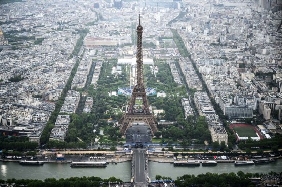 An aerial view of Eiffel Tower during the opening ceremony of the Paris 2024 Olympic Games on July 26, 2024.