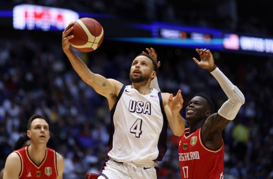 Stephen Curry during the 2024 USA Basketball Showcase match between USA and Germany at The O2 Arena in London on July 22, 2024.