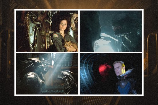 stills from Alien, Alien: Romulus, Alien: Covenant, and Alien vs. Predator