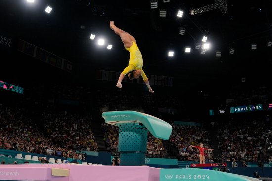 Rebeca Andrade, of Brazil, performs on the vault during the women’s artistic gymnastics all-around finals in Bercy Arena at the 2024 Summer Olympics, on Aug. 1, 2024.