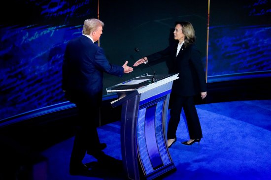 Vice President Kamala Harris, right, and former President Donald Trump shake hands during the second presidential debate at the Pennsylvania Convention Center in Philadelphia, on Sept. 10, 2024.