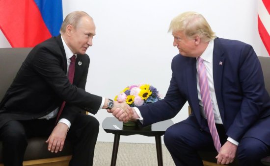 U.S. President Donald Trump (R) meets Russian President Vladimir Putin (L) on the first day of the G20 summit in Osaka, Japan on June 28, 2019.